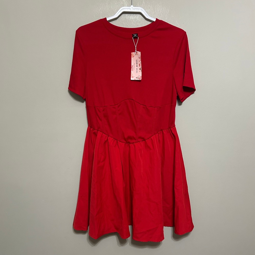 SHEIN Women's Dress 1XL Red Coquette Fit and Flare Mini Short Sleeve Trendy‎ Y2K